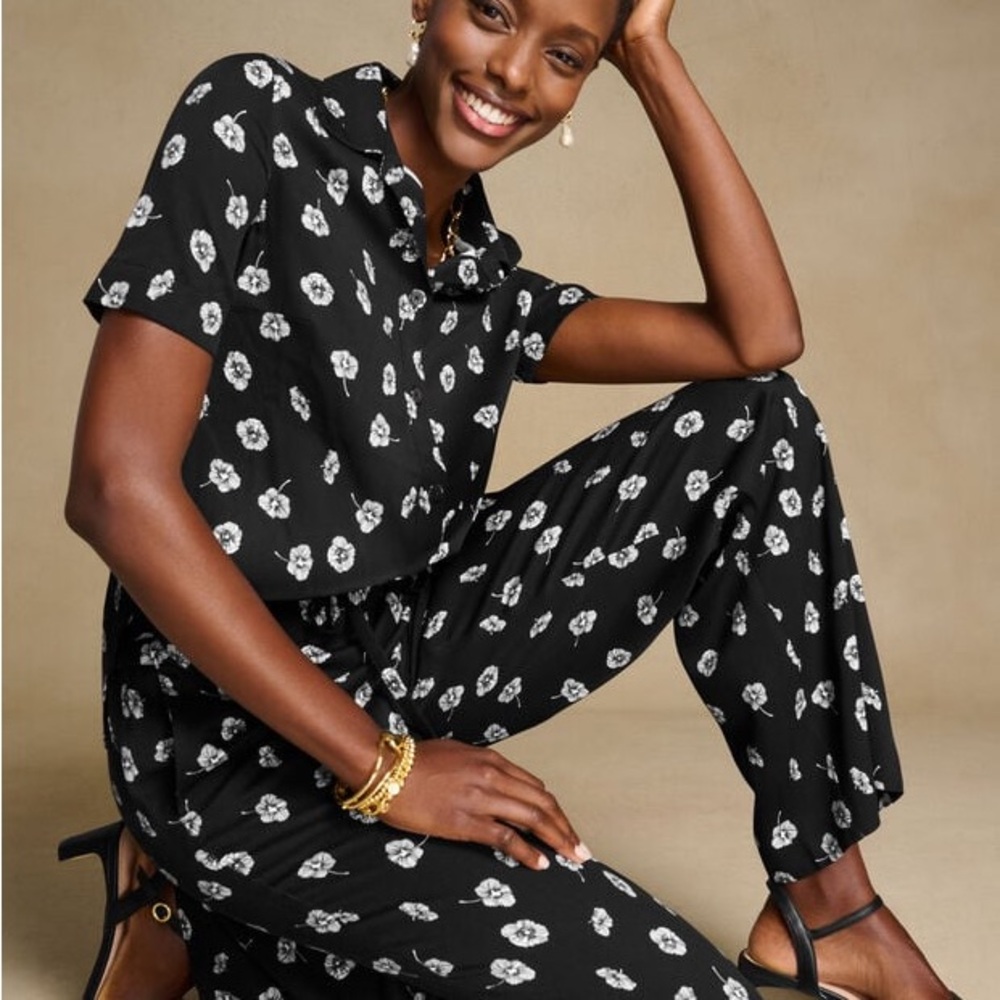 Talbots Twill Black Flower Deco Button Down Top Wide leg Pant Set Size‎ XLp